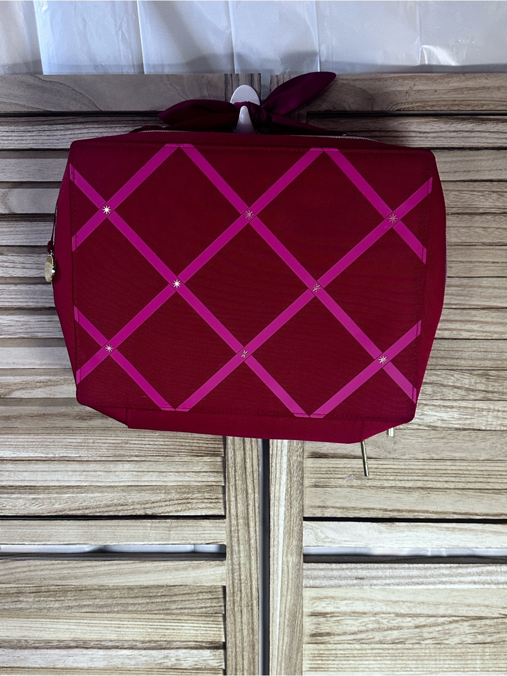 Women's Estée Lauder Burgundy Cosmetic Bag with Pink Ribbon Accent